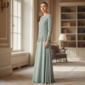 J Kara Women’s Evening Gown Beaded/Scalloped Asymmetrical Celadon Size-6 NWT